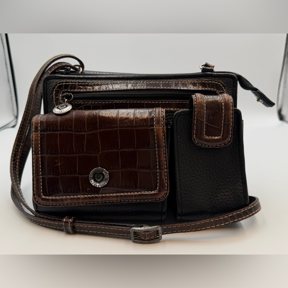 BRIGHTON CROSSBODY ORGANIZER CLUTCH PHONE CHECKBOOK BAG BLACK PEBBLE CROC TRIM - Picture 2 of 5